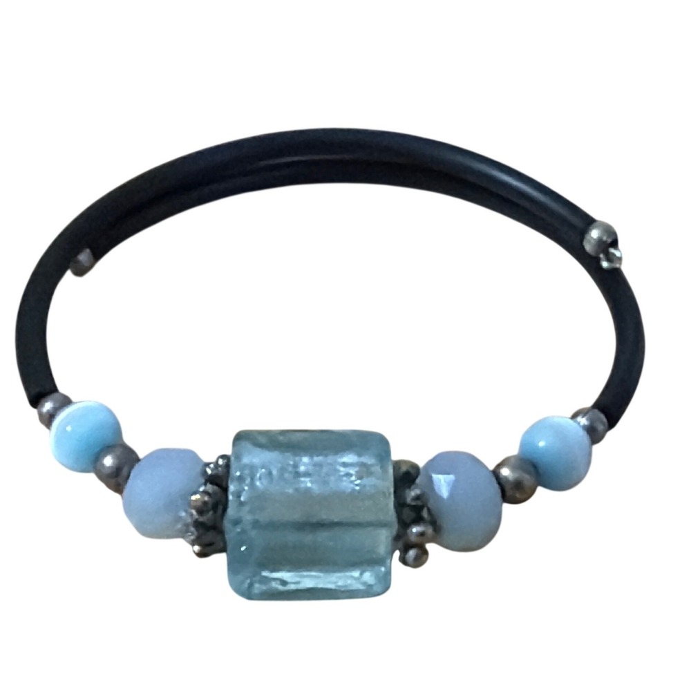 Blue Murano Style Art Glass Square Bead Black Rubber Wrap Bypass Bracelet Beachy